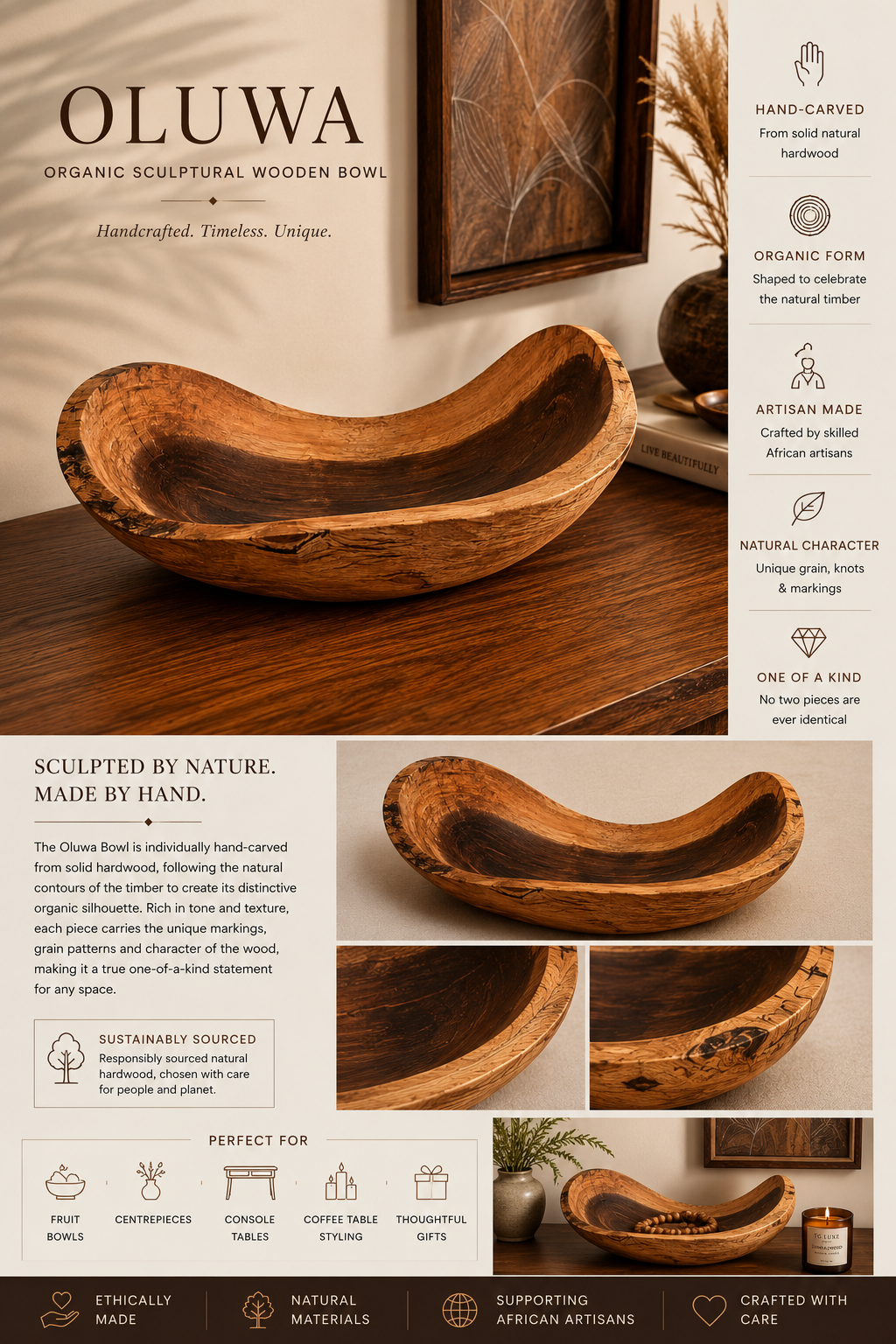 Oluwa Hand-Carved Wooden Bowl | Luxury Artisan Homeware | TG Luxe