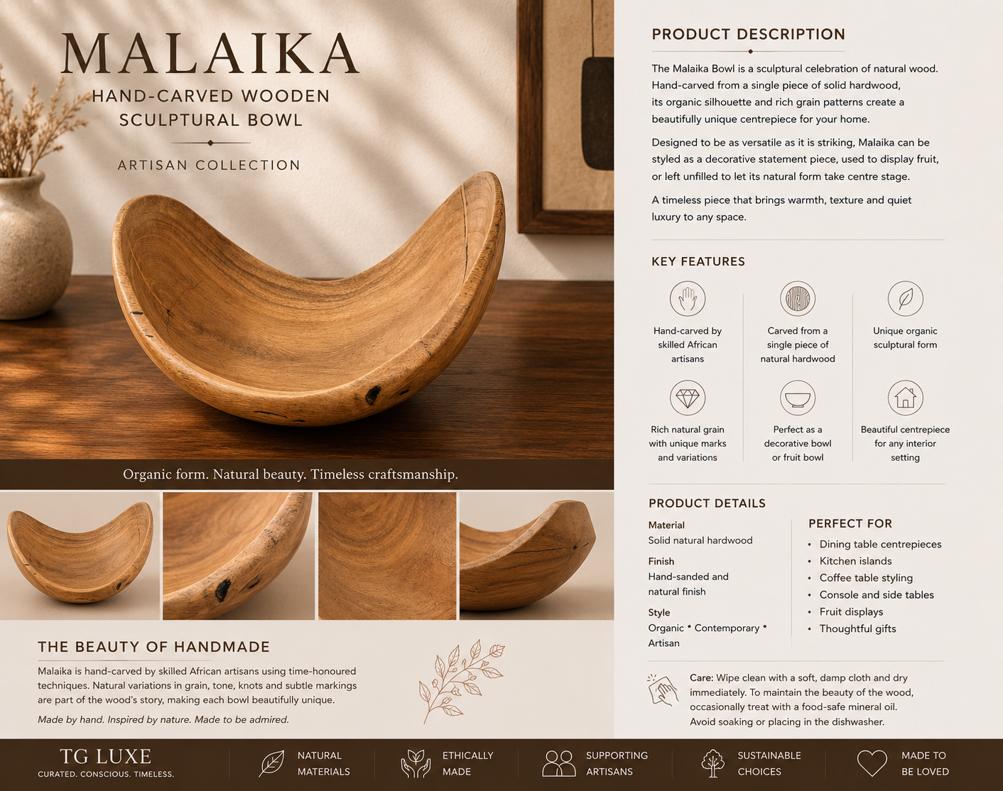 Malaika Sculptural Wooden Bowl