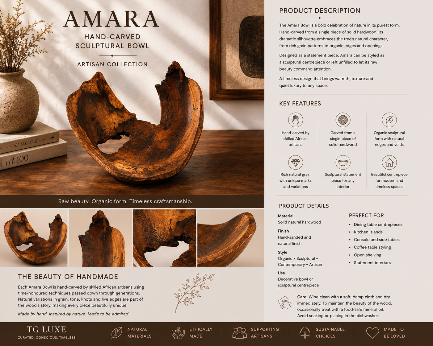 AMARA — Hand-Carved Sculptural Wooden Bowl