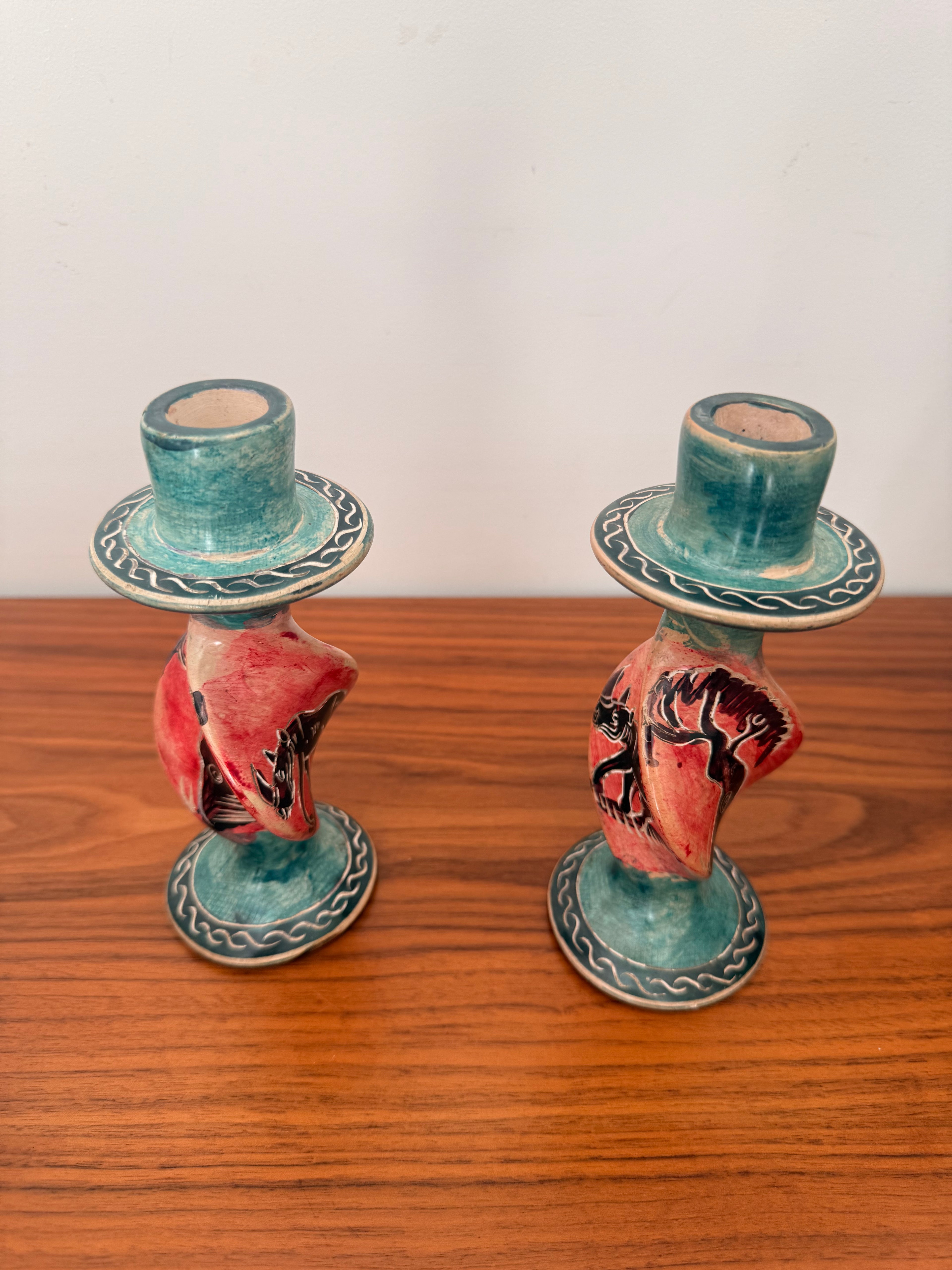 Handcrafted Ceramic Safari Candle Holders | Artisan Decorative Pair